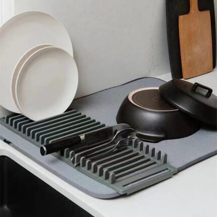 Foldable Dish Drying Mat with Draining Plates Rack